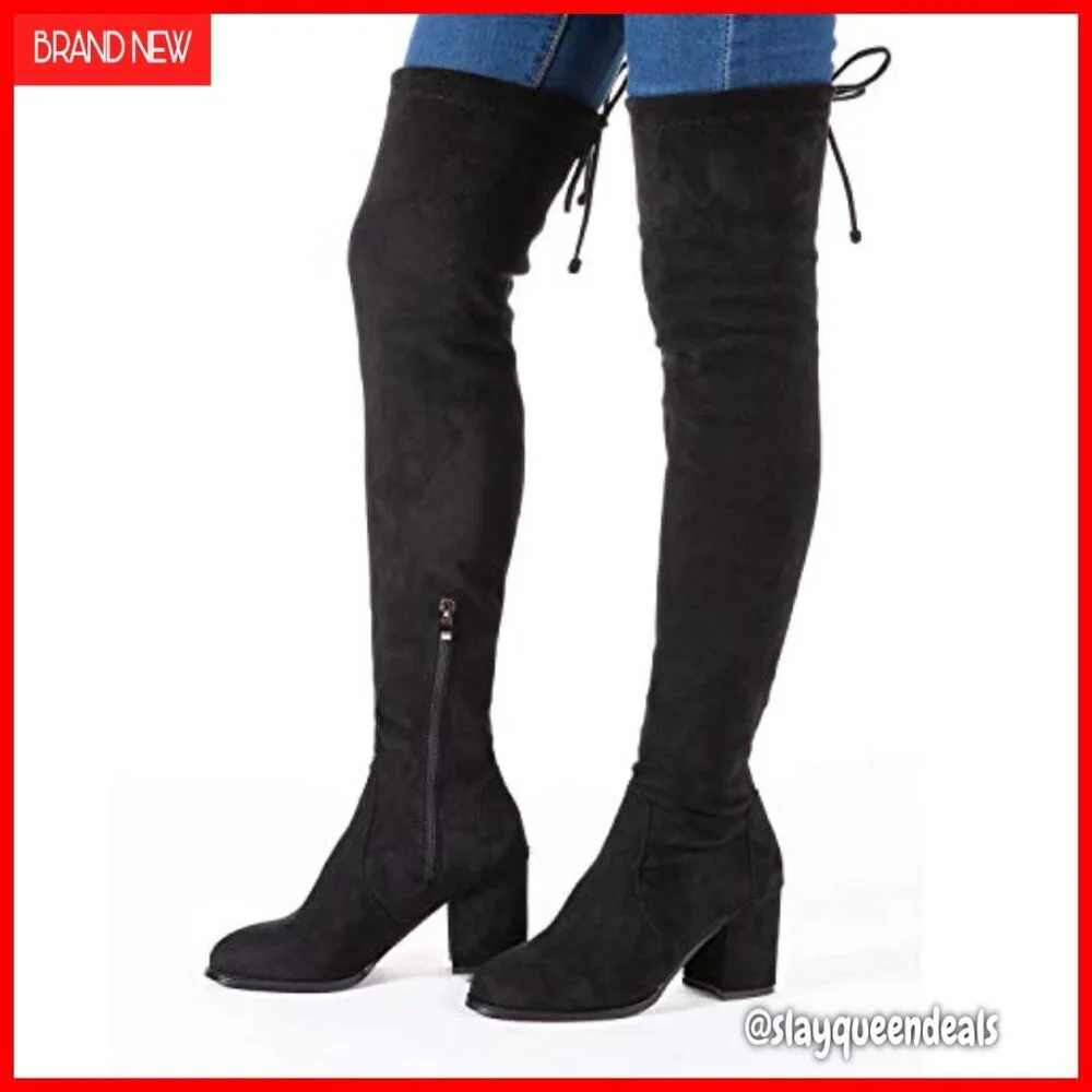 Women's Over the Knee Boots Block Heel Lace Up Faux Suede Winter
